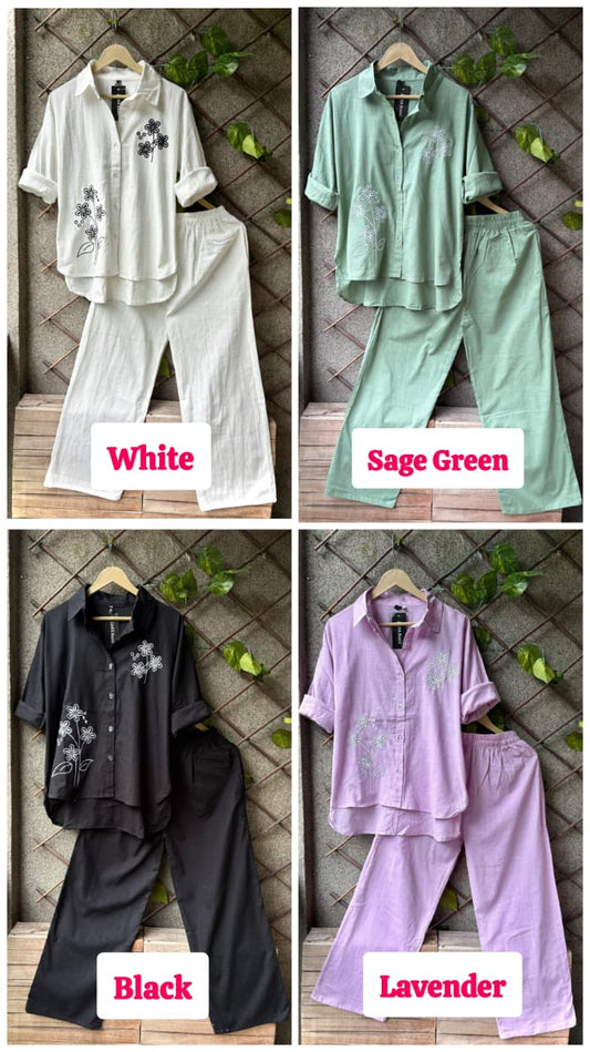 FLORAL EMBROIDERED LINEN CO-ORDS SETS