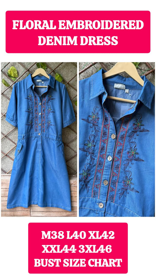 FLORAL EMBROIDERED DENIM DRESS