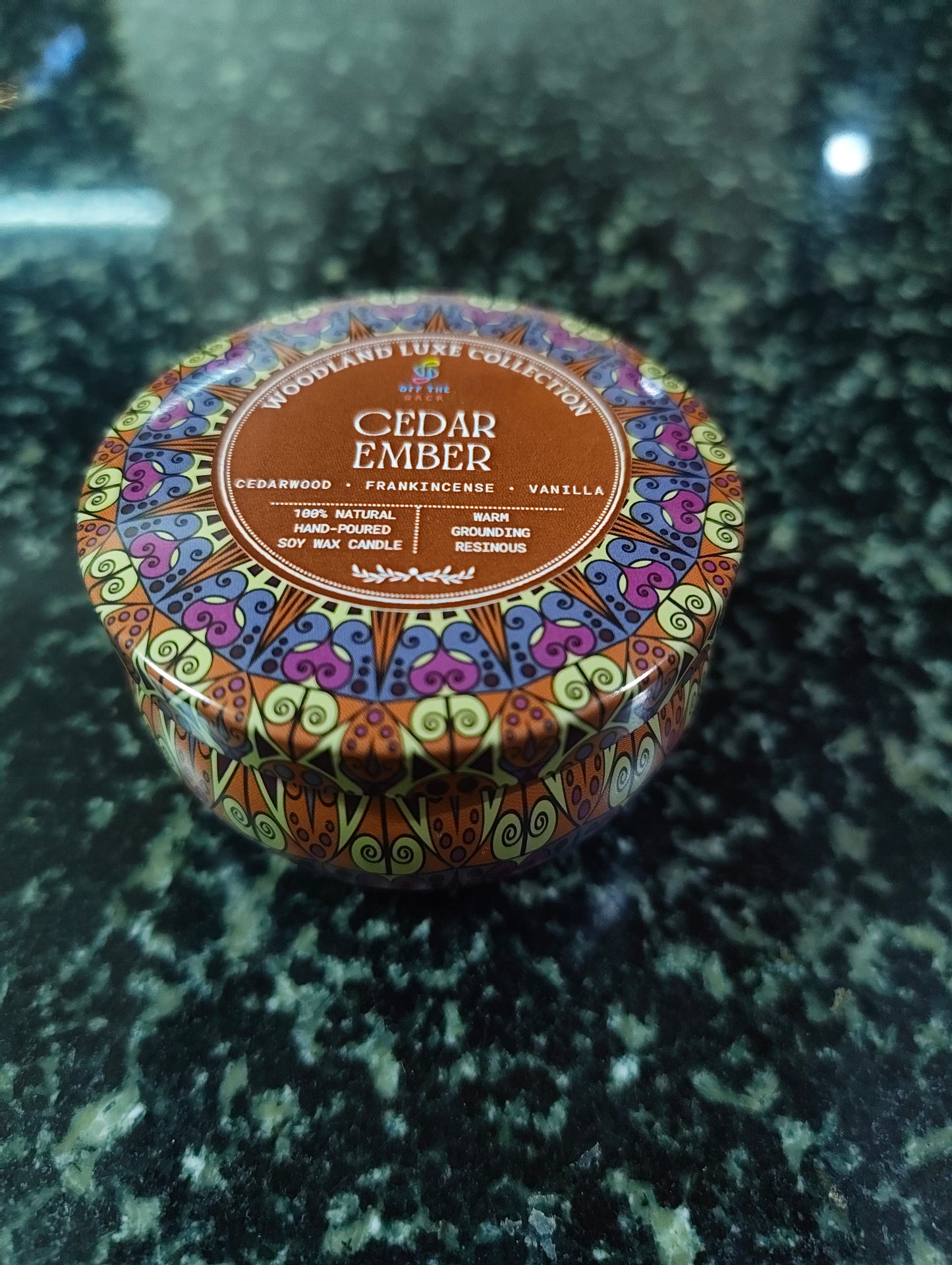 Cedar Ember Mandala Tin Candle