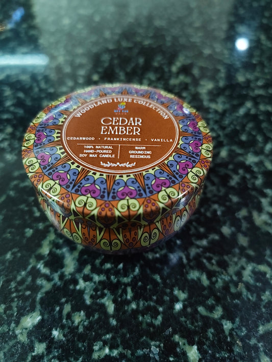 Cedar Ember Mandala Tin Candle