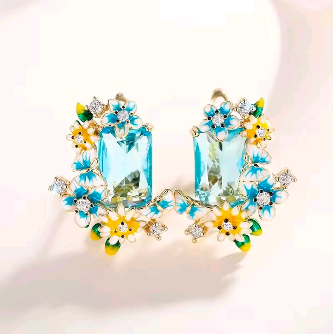 Blue Yellow Flower Earrimgs